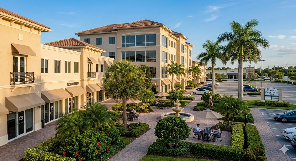 South Florida mixed-use commercial building with retail storefronts, palm trees, and courtyard