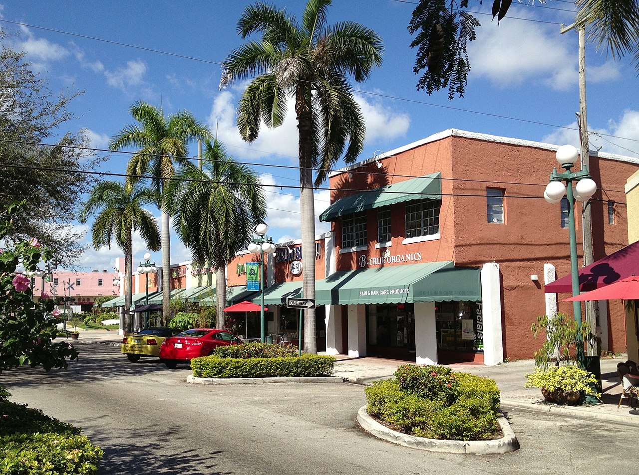 Downtown Hollywood, Florida street lined with palm trees and parked cars