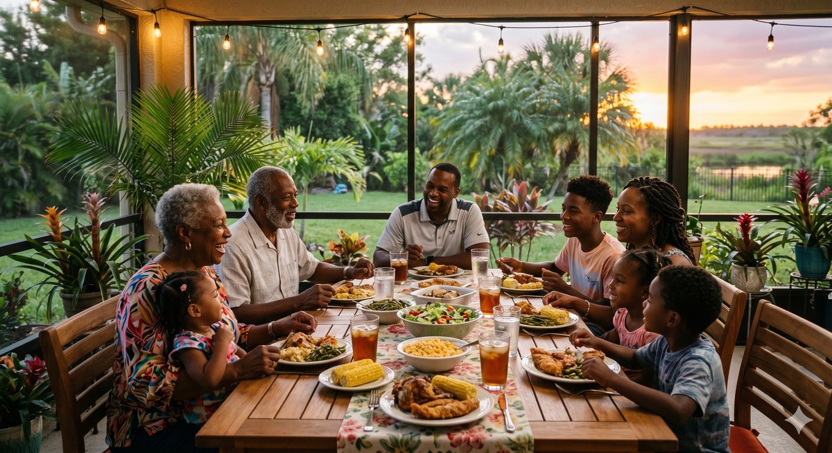 Multigenerational Black family sharing a meal on a Florida screened lanai at sunset